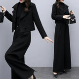 Winter Small Fragrant Hair, Two Trouser Sets Of Women's Fashion Temperament Black Casual Broad Leg Trousers Suit