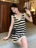 Sleeveless Black White Striped Knitting Dress Korean Loose Ladies Womens Mini Dresses 2023 New Woman Midi Slip