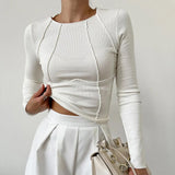 Shein New Spring Autumn New Sweet Spicy Solid Color Line Long-Sleeved Collar T-Shirt