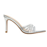 Summer New Sharp Head Diamond Transparent High Heels Fine Heel Crystal Sandals Silver One-Word Slippers Women