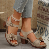 Slope And Thick-Soled Sandals Women's Shoes Coarse Heel Large-Size Flower Decoration A Word With Lattice High