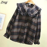 Sweet Plaid Shirt Women Kawaii Peter Pan Collar Lolita Blouse Japanese Preppy Style Puff Sleeve Top Blusas Mujer De