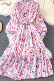Floral Midi Dress Women Elegant V-Neck Lantern Long Sleeve High Waist Draped A-Line Casual Vestidos Female Spring