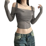 2023 Summer New Women's Fashion Pure Color Slings Sexy Bare Back Repair Umbilly Long-Sleeved