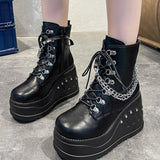New Autumn And Winter Round Head Side Pull Chain Thick Bottom Short Boots Women 43 Large Slope And Martin