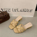 Gentle Wind Woven Slippers Women Wear 2025 Summer New Hollow Square Word High-Slip