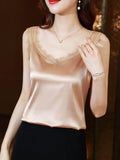 Top Women 2023 Summer Women Clothing Satin Lace V-Neck Sexy Blouse Solid Camisole Women Tops Vest White Crop Top Halter