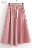 Women Skirt Summer Korean Style Solid Elastic High Waist Midi Long Skirt With Belt Female Office Ladies