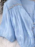 Women Beading Party Dress Vintage V-Neck Short Puff Sleeve High Waist Ruffle Draped Robe Vacation Beach Vestidos 2023