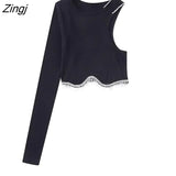 Women High Street Sexy Hem Tassel Diamond Beading Knitting T Shirt Chic Short Camis Tank Lady Slim Crop Vest Tops