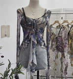 Retro Oil Painting Wind Dyed Lotus Leaf Side Sling T-Shirts Long Sleeves Drifting Coat
