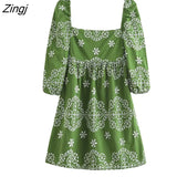 Women Vintage Square Collar Hollow Out Embroidery Mini Shirt Dress Female Chic Puff Sleeve Pleats Vestidos Mujer