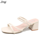 Women Sandals Ladies Square Heels Elegant Summer Slippers Outside Cross Tied Leather Female Slides 2023 Fashion Woman