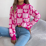 Autumn And Winter Lattice Love Lantern Sleeve Sweater Valentine's Day Women's