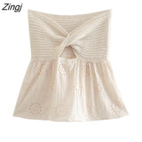 Women Sexy Hollow Out Embroidery Patchwork Knitting Short Smock Blouse Female Cross Hole Shirt Chic Blusas Tops