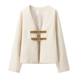 New Women's V-Neck Solid Color Bhise Tripty-Fitting With Soft Long-Sleeved Coat Loose Leisure