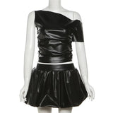Black PU Leather Off-Shoulder And Pleated Mini Skirt Two Piece Set- Outfit