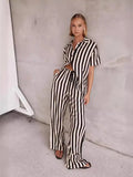 Zingj Summer Women's Fashion Casual Polo Collar Stripe Color Patchwork Short Sleeve Set