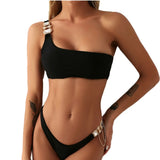 Zingj New Swimsuit Luxury Crystal Diamond Chain Female Split Swimsuit Plain Color One Shoulder Sexy