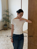 Xixi 2025 Autumn Black Standard Temperament Boat Collar Body-Bottomed Knitted Short-Sleeved T-Shirt For Women