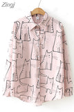 2023 Vintage Fashion Women Long Sleeve Shirts Cute Cat Print Shirt Female Loose Casual Blosues Girl Ladies Tops 6828