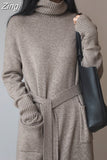 Loose Thick Winter 2023 Turtleneck Knitting Sweater Midi Dress for Women Long Sleeve Lace Maxi Dresses Oversize
