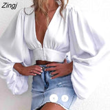 Women Fashion Sexy Deep V Neck Puff Long Sleeve Blouse Folds Tops Autumn Spring Solid Color Cropped