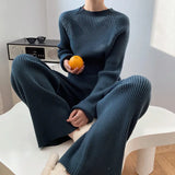 And Winter Solid Color Round Collar Open Fork Sweater Set Women's Loose Knitting Tops Broad Leg Pants Two