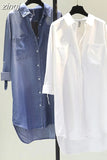 Long Cotton Denim Shirt Spring and Autumn 2023Fashion Pocket Tops Long Sleeve Thin Shirt for Women Clothes New