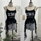 Shooting Lace Sling Vest Irregular Ribbon Hot Wear Print Short-Sleeved Top