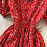 Women Single Breasted Printed Midi Dress Red/Blue/Green Puff Short Sleeve High Waist Vestidos Summer Female Robe