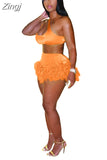 Feather Fringe Shorts Crop Top Two Piece Set Summer Women Sexy Bodycon Tracksuit Party Outfits 2023 Swimsuit