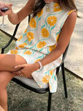 Women's 2025 Summer New Casual Pink Flower Round-Neck Sleeveless Vest