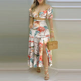 Autumn New Fashion Impact Printing Vest High-Waist Open Fork Dress Set