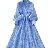 Retro Elegant Dress Woman 2025 New High-End Collar Single Buckle Waist Embroidery Mesh