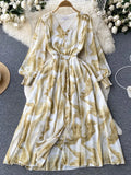 Autumn Women Printed Long Dress Elegant Blue/Purple/Pink V-Neck Lantern Sleeve High Waist A-Line Vacation Beach