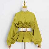 Zingj All-Match Shirt Female Spring 2024 New Standing Collar Long Sleeve Pleated Flounces Careful Machine Lace