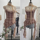 Lattice Splicing Lace Ribbon Ribbon Swing Tie Sling Sling Vest Irregular Lotus Leaf Side Hottie Top