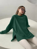 Hot Loose Long-Sleeved Open-Fork T-Shirt Women's Solid Color 100% Cotton Top Spring And Summer Women's