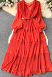 Women Draped Long Dress Vintage V-Neck Lantern Sleeve High Waist A-Line Pleated Maxi Vestidos Purple/Red/Blue Robe