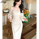 Autumn Solid Elegant Fairy Dresses Women Casual Party Fashion Korean One Piece Dress Female Lace Vintage Chic Midi