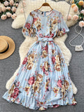 Bohemian Women Floral Print Pleated Midi Dress Elegant Round Neck Puff Sleeve High Waist A-Line Draped Beach Vestidos