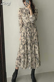 Spring Women New Floral Chiffon Dress Casual Pleated Woman Dress Fashion Ladies Womens Print Long Sleeve