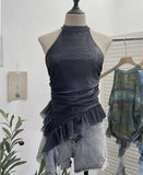 Irregular Hanging Neck Dyeing Net Yarn Vest Lotus Side Ribbon Short Sleeveless Top