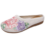 Zingj Single Slippers / Cotton Slippers Linen Peony Embroidered Round Head Flat Cloth Shoes Sandals Embroidered Women's