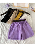 Summer Elegant High Waist Shorts Women Casual Solid Wide Leg Loose Cotton Short Pants With Belt Korean Sweet