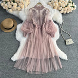 Zingj Korean Version Of The Lantern Sleeve Waist Show Thin Net Gauze Nail Bead Dress Three-Dimensional Flower Fairy