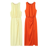 New Women's Folded Decorative Silk-Sense Dress