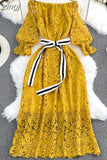 Autumn Vintage Women Hollow Out Lace Party Dress Sexy Slash Neck Off Shoulder Lantern Sleeve High Waist Vestidos 2023
