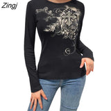 Women Slim Fit Basic Tshirt Autumn Casual Vintage Print Long Sleeve Round Neck Ribbed Tops Club